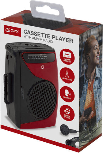 Jensen - GPX CAS337 Portable Cassette Player with AM/FM Radio/Voice Record (Red, Black, Cassette Player) ((Cassette Player))