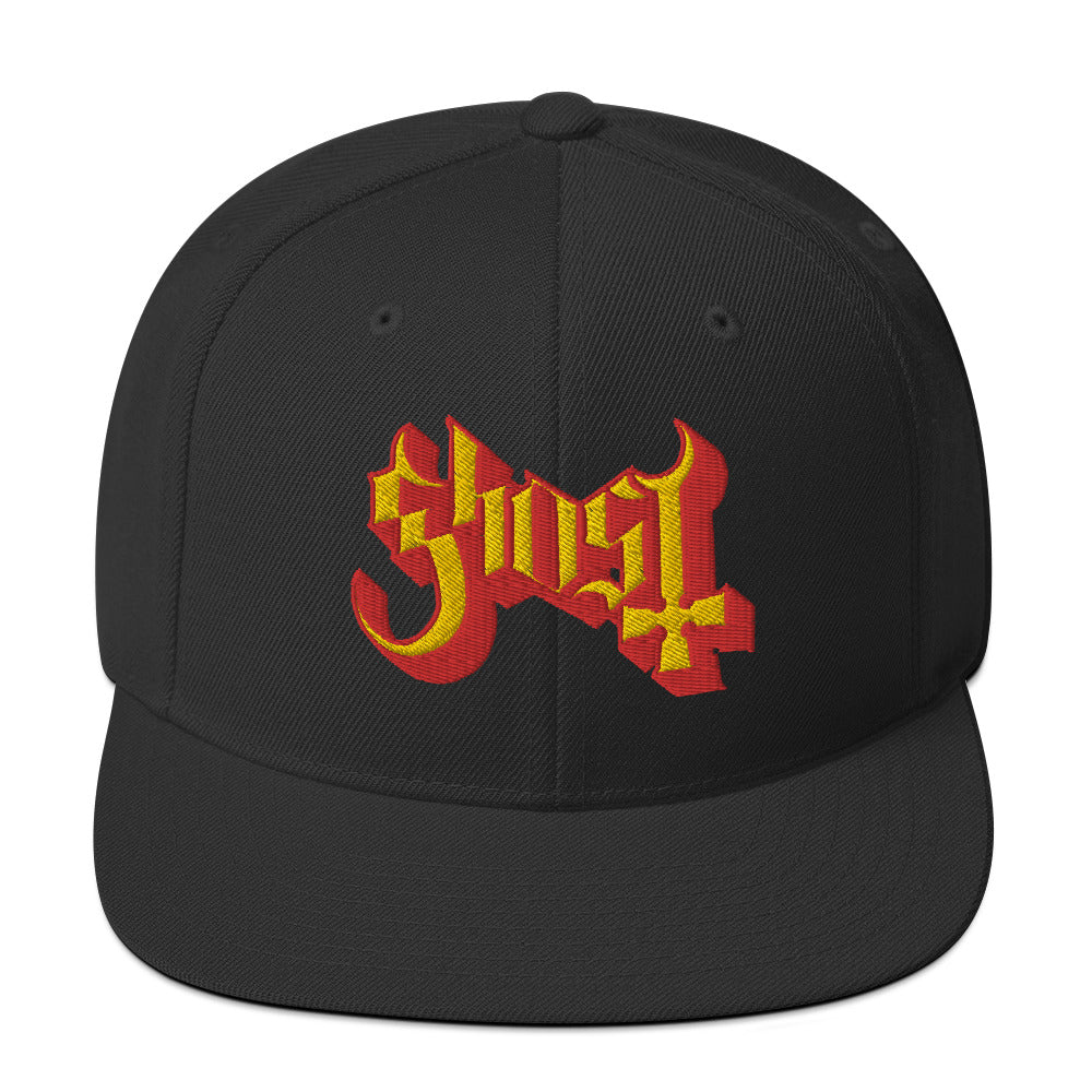 MerchMoment - Ghost Yellow Logo Black Embroidered Snap Back Hat (())