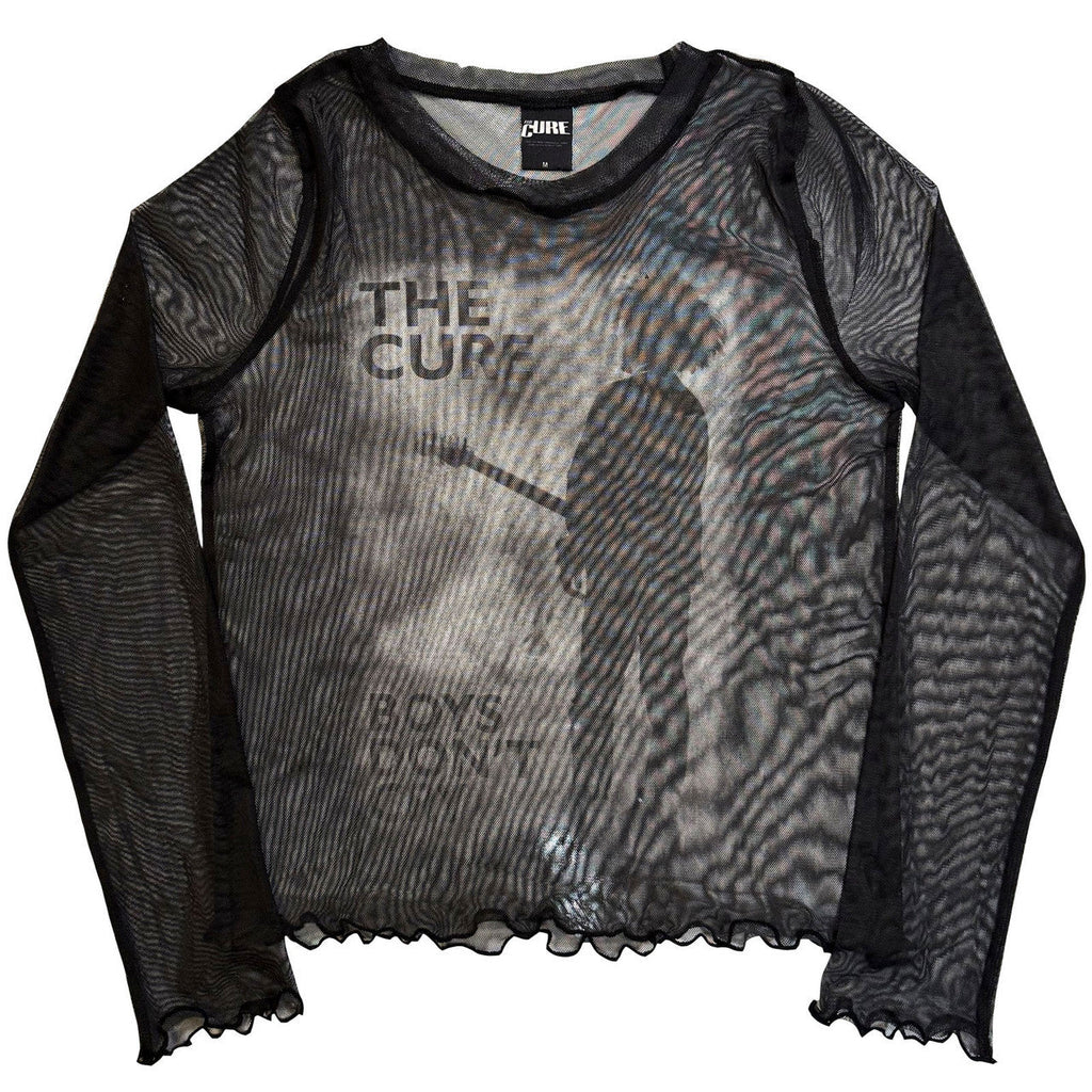 The Cure - Boys Don't Cry B&W Ladies Long Sleeve Mesh Crop Top (Black) ((Apparel))